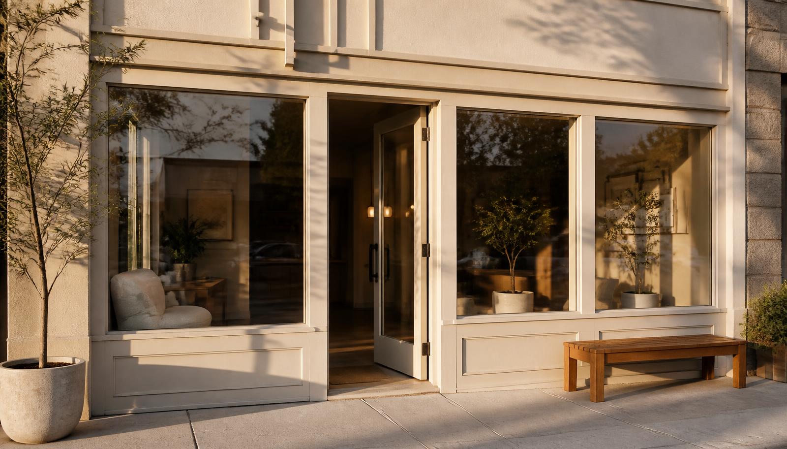 A small-business commercial storefront at golden hour
