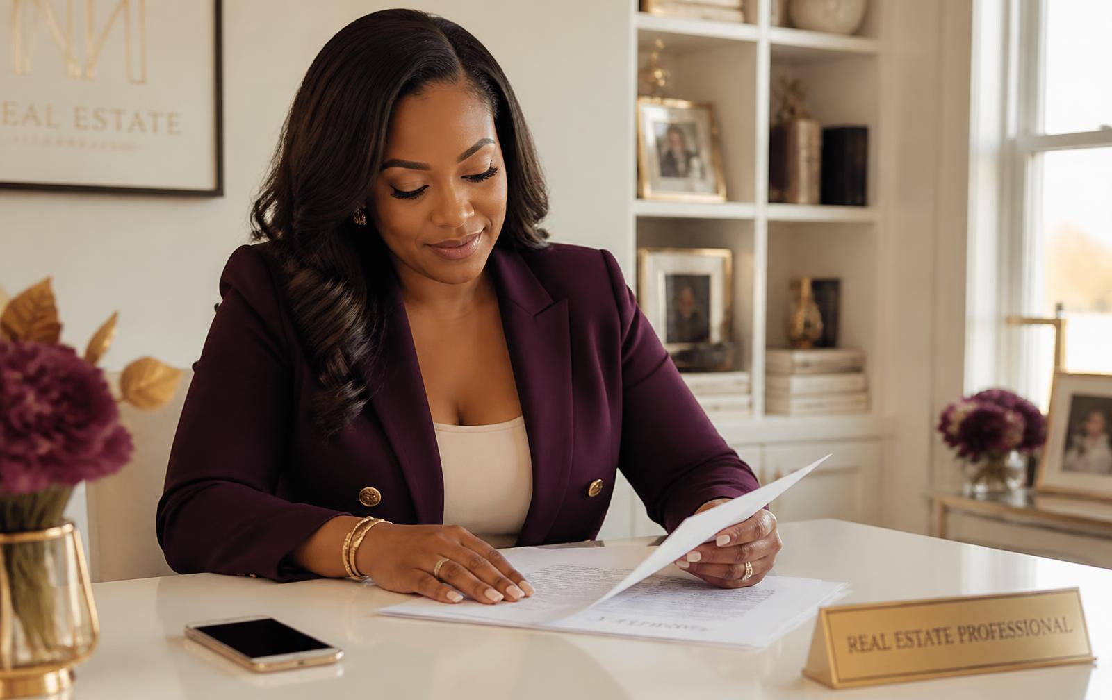 An agent reviewing a contract folder on a desk while working from a phone